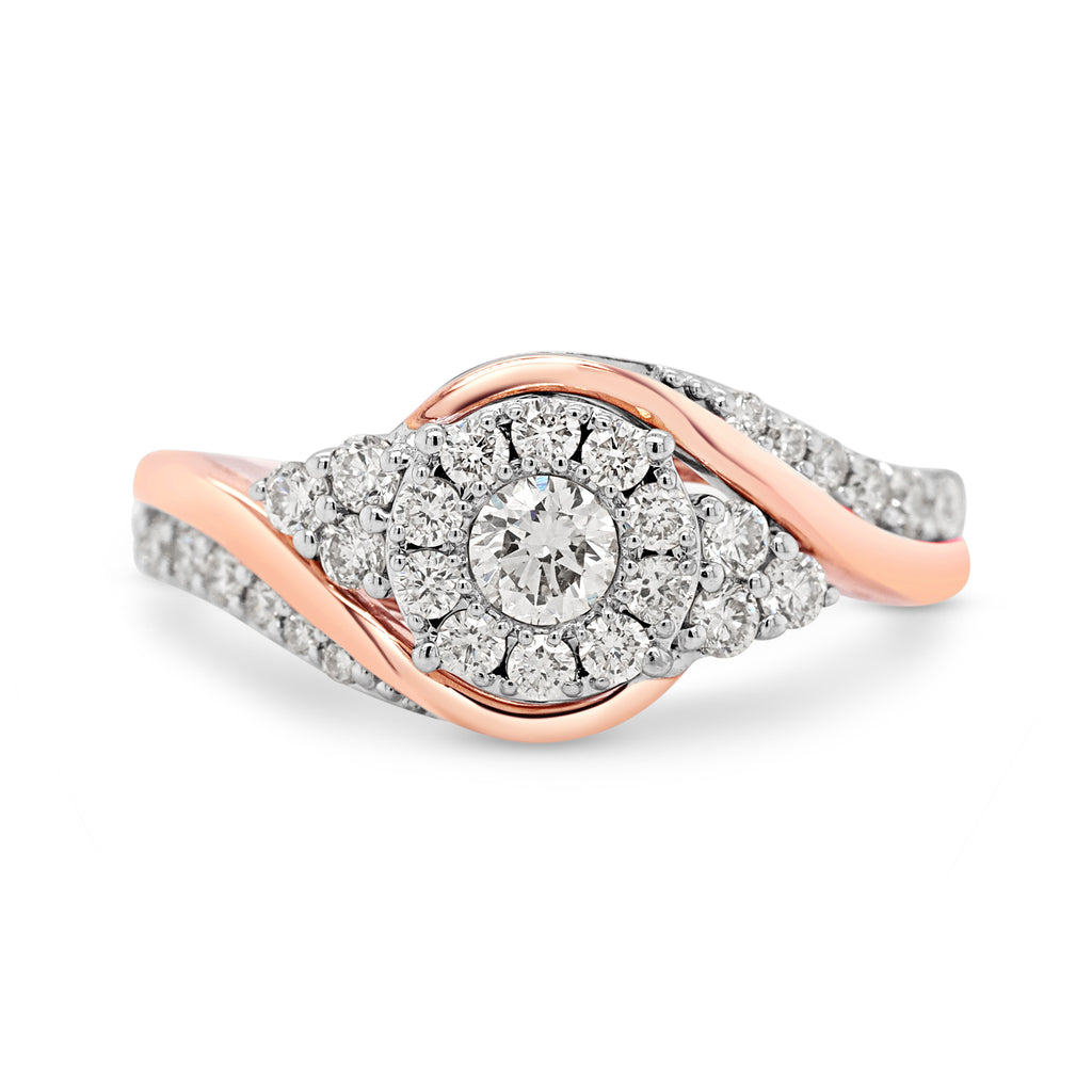 9ct White & Rose Gold Diamond Halo Offset Shoulder Ring TDW: