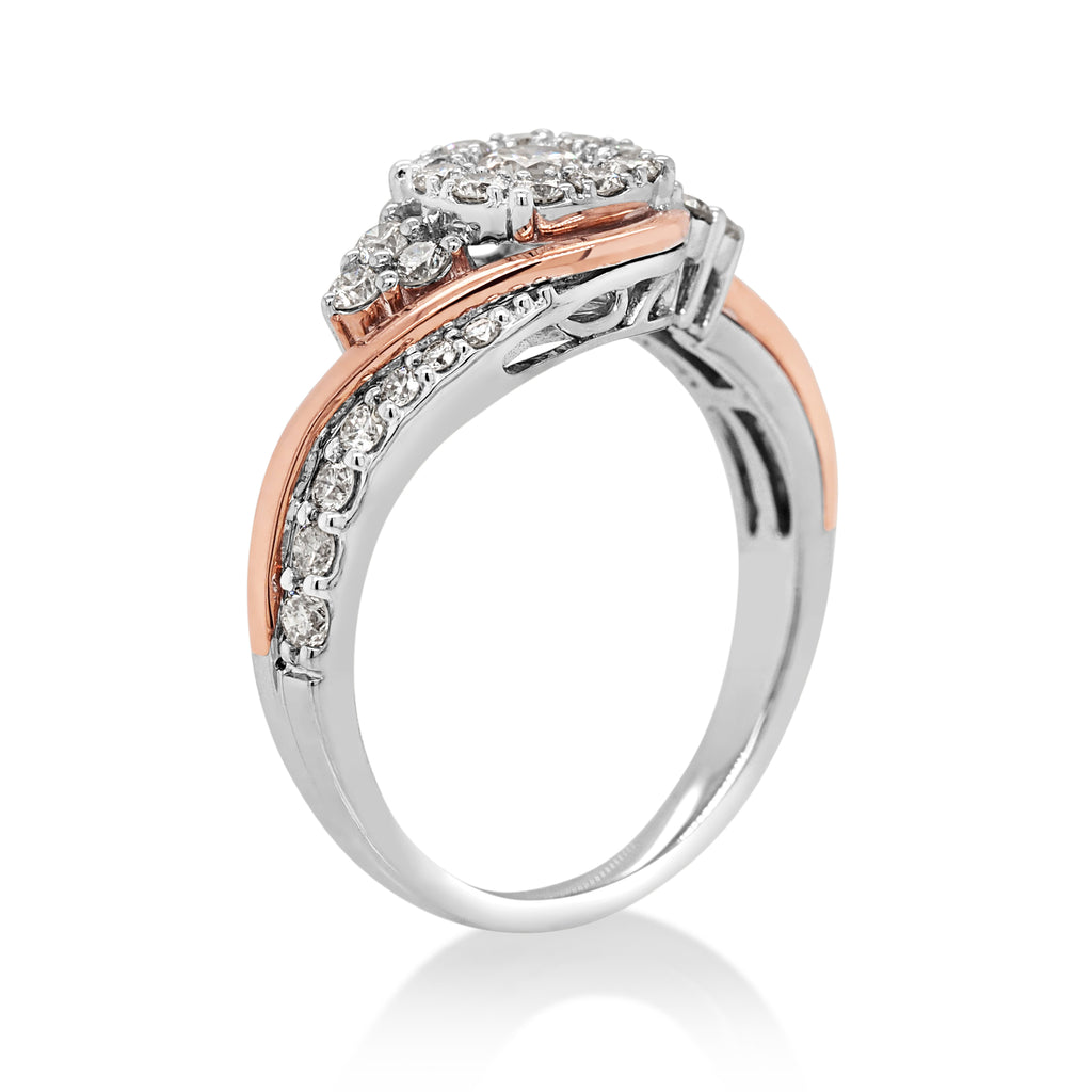 9ct White & Rose Gold Diamond Halo Offset Shoulder Ring TDW: