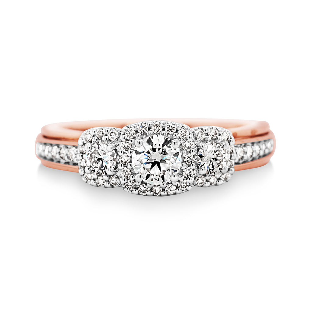 9ct Rose Gold Trilogy Diamond Halo Ring TDW: 0.75CT