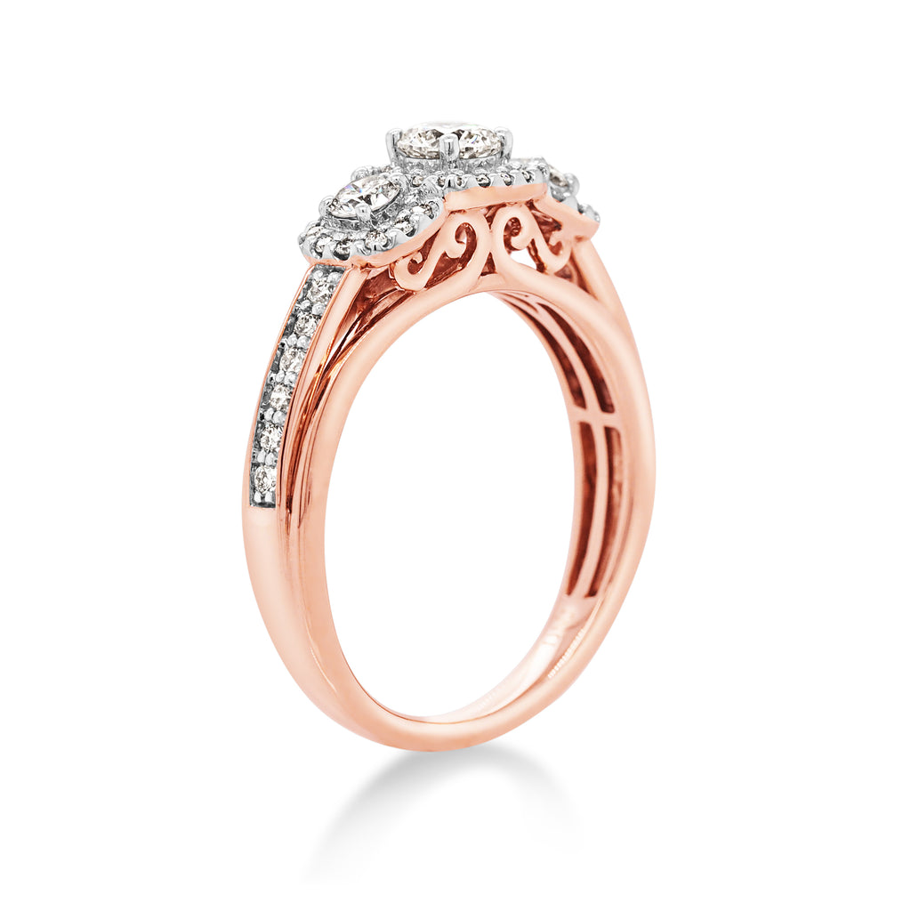 9ct Rose Gold Trilogy Diamond Halo Ring TDW: 0.75CT