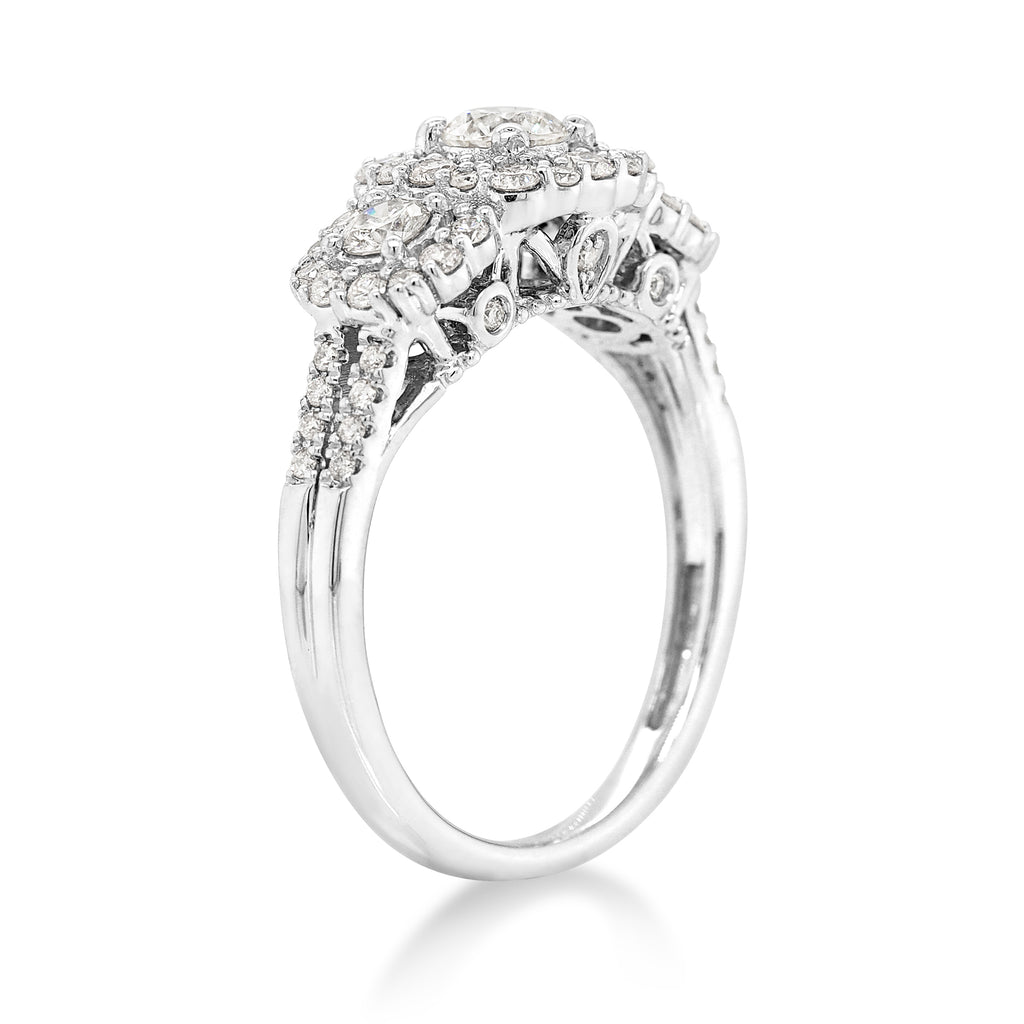 9ct White Gold Trilogy Diamond Double Halo Ring TDW: 1CT