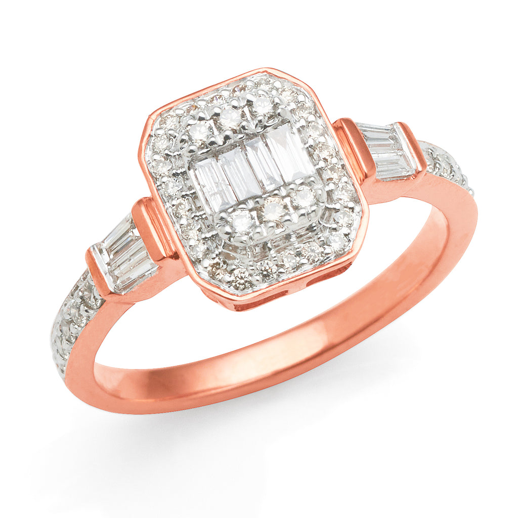 9ct Rose Gold Diamond Baguette & Brilliant Cut Halo Ring TDW