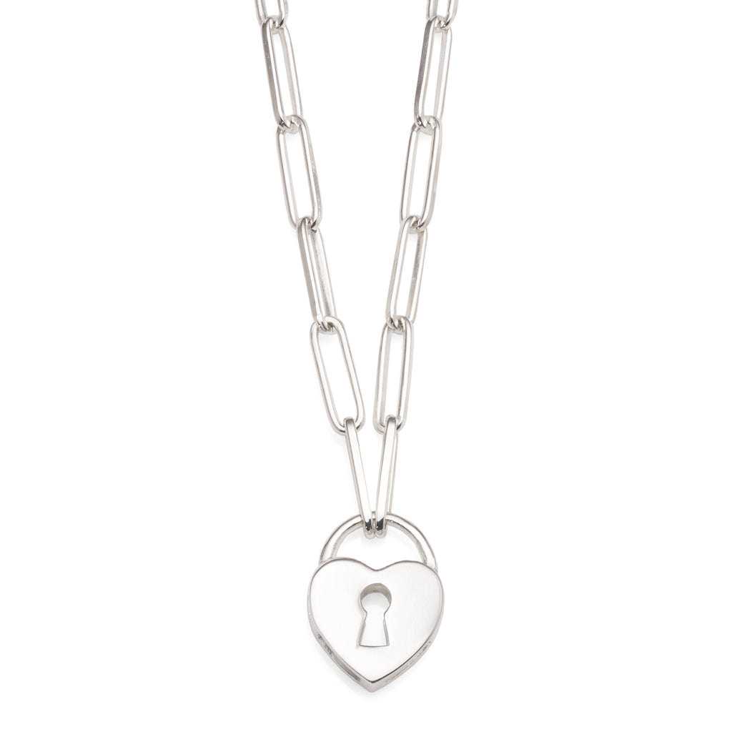 Sterling Silver Heart Padlock 45cm Paperclip Necklet