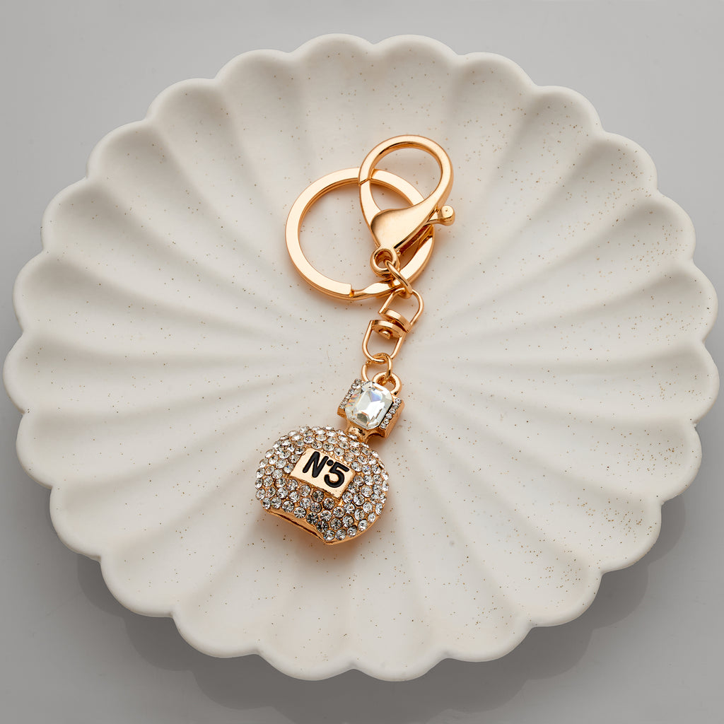 Gold Tone Crystal Set No. 5 Perfume Bottle Keyring PKR29