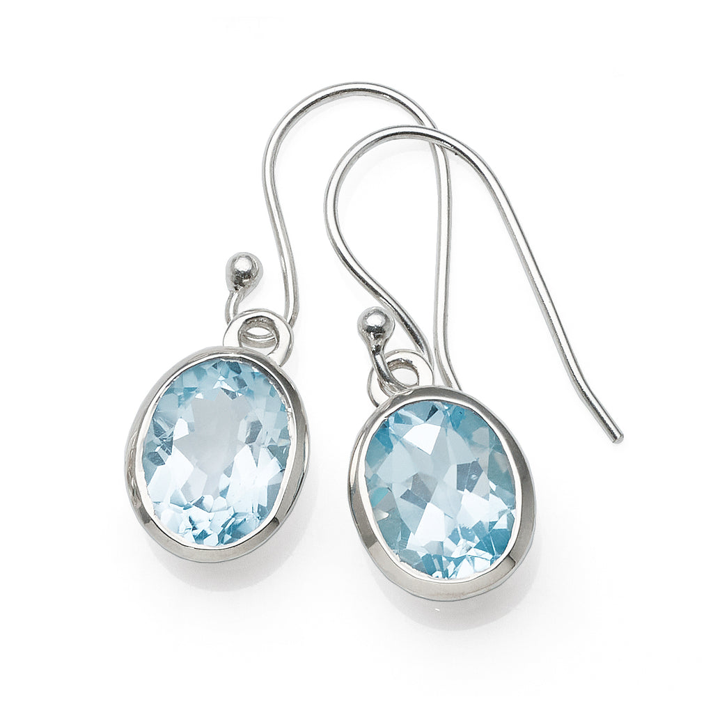 Sterling Silver Oval Blue Topaz Drop Hook Earrings