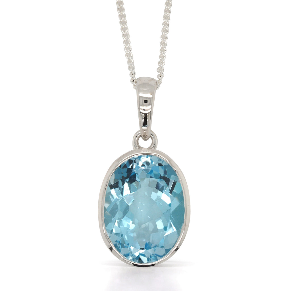 Sterling Silver Oval Blue Topaz  Bezel Set Pendant