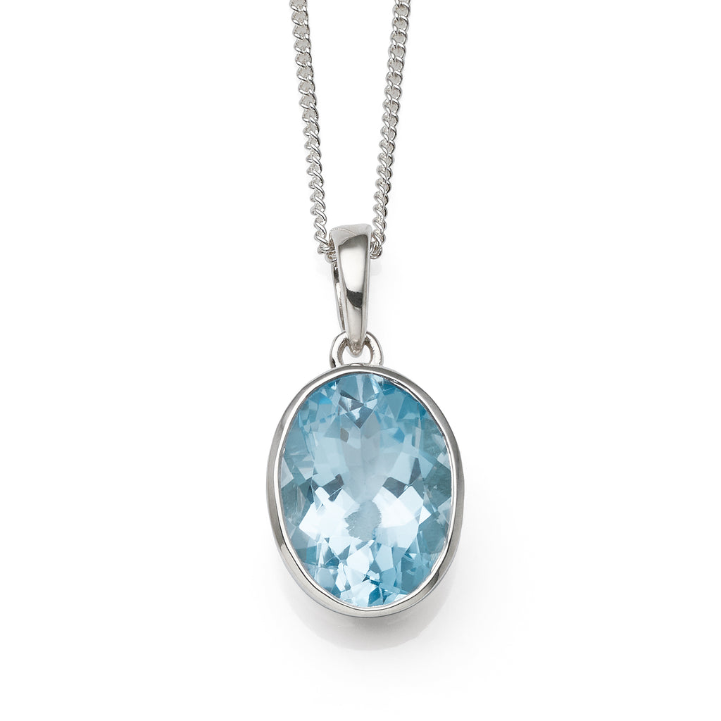 Sterling Silver Oval Blue Topaz  Bezel Set Pendant