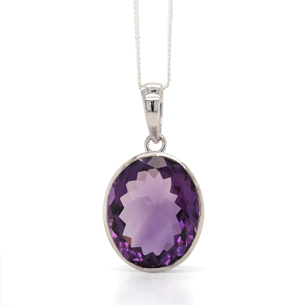 Sterling Silver 22x18mm Oval Amethyst Bezel Set Pendant