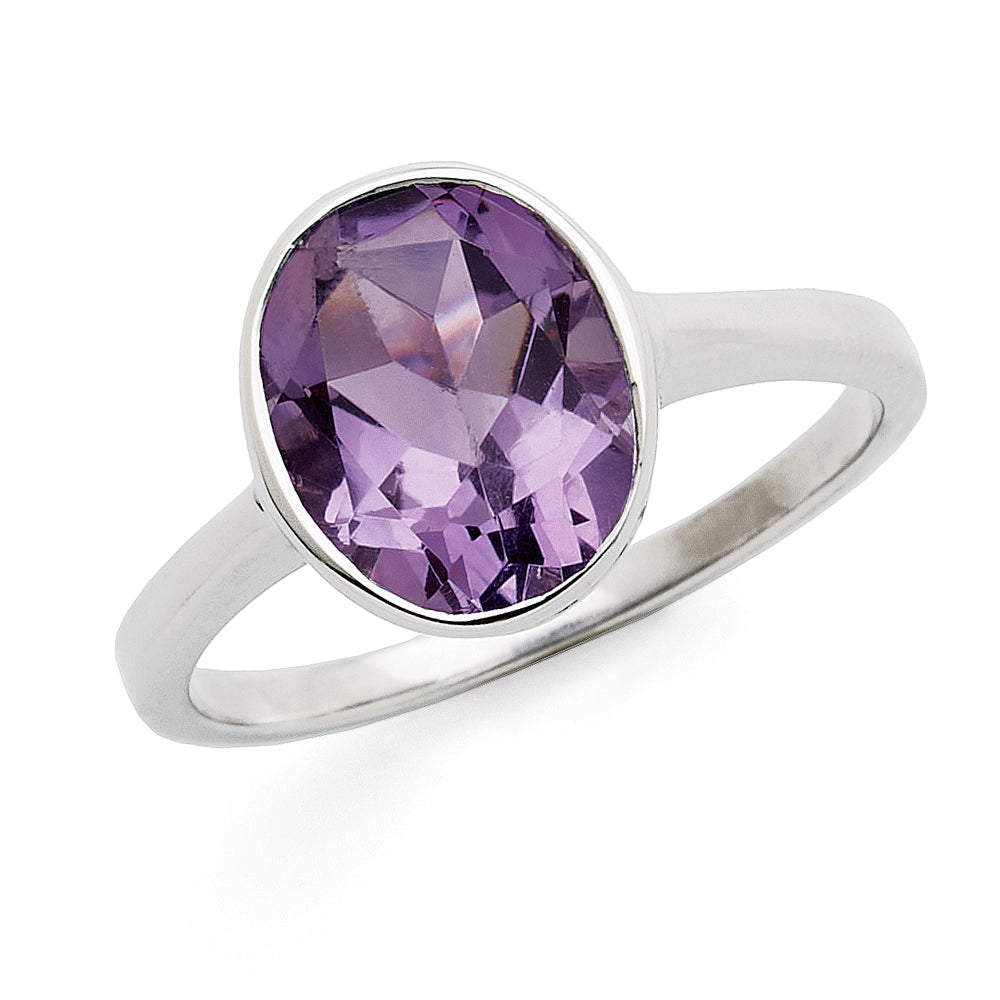 Sterling Silver Oval Amethyst Bezel Set Ring