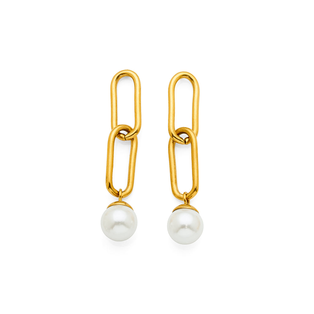 Gold Tone Stainless Steel Pearl Drop Earrings ESS718