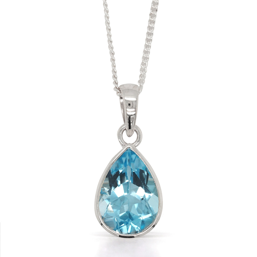 Sterling Silver Pear Blue Topaz Bezel Set Pendant