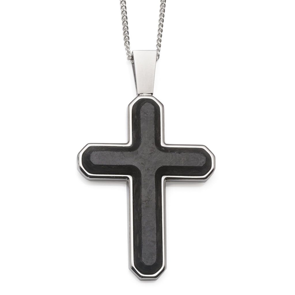 Stainless Steel 35x25mm Black Carbon Cross Pendant