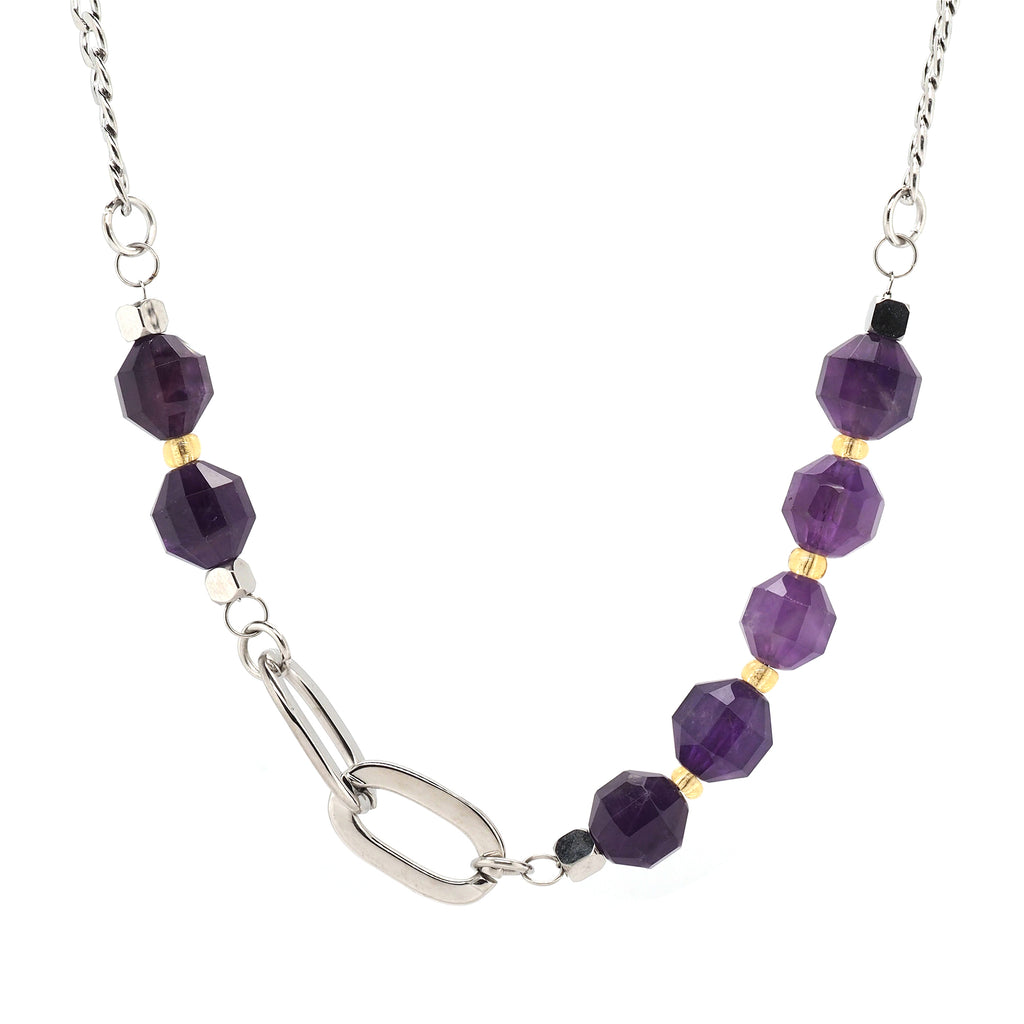 Stainless Steel Purple Quartz Bead Necklet NSS780-QTZ