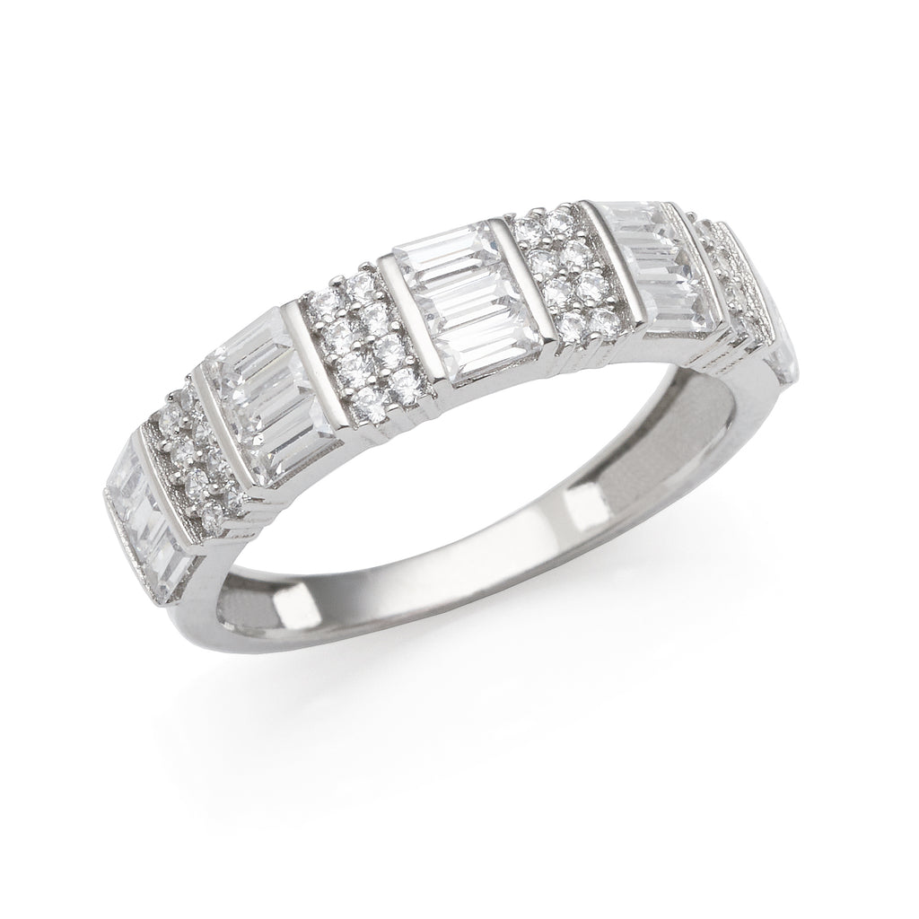 9ct White Gold Baguette & Round Cubic Zirconia Ring