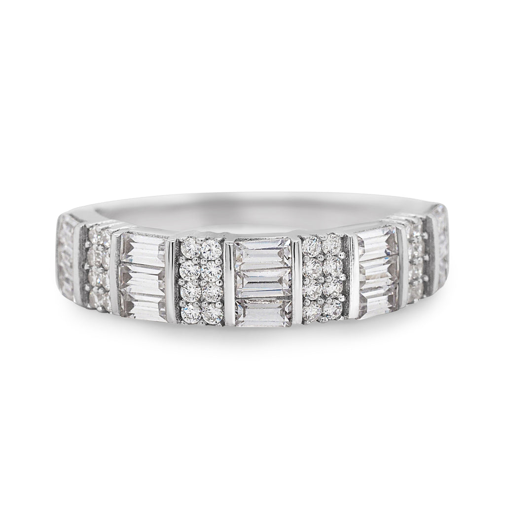 9ct White Gold Baguette & Round Cubic Zirconia Ring