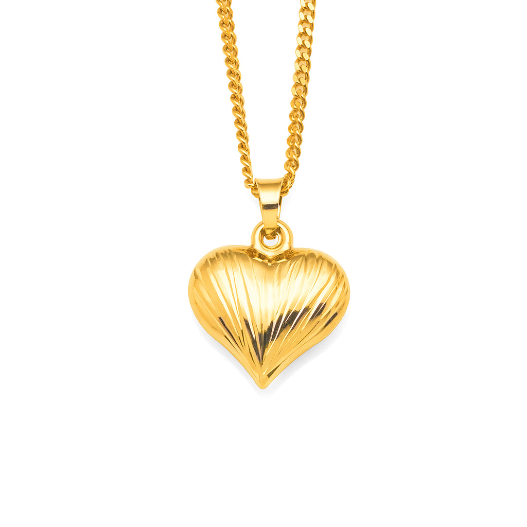 9ct Yellow Gold Etched Line Puff Heart Pendant