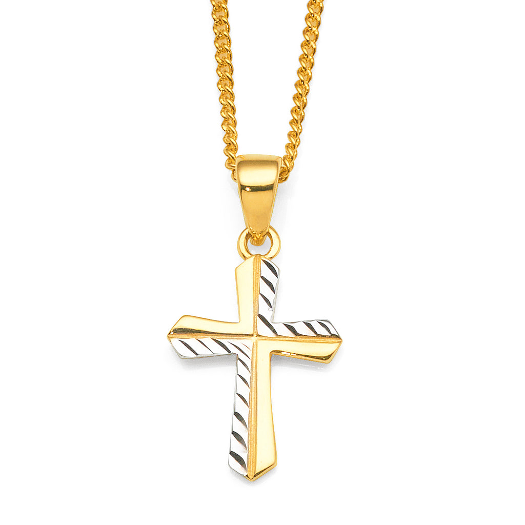 9ct Gold 2-Tone Etched 15x10mm Pointed End Cross Pendant