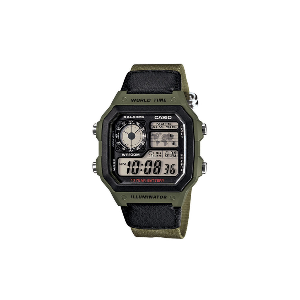 Casio Khaki Green World Time Digital Nylon Watch AE1200WHB-3
