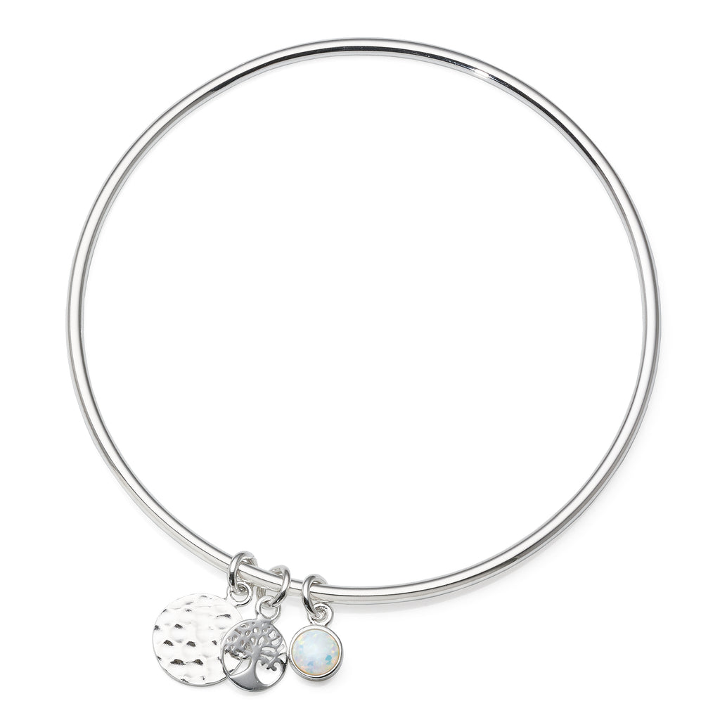 Sterling Silver 62mm Hollow Bangle With Created Opal Charm