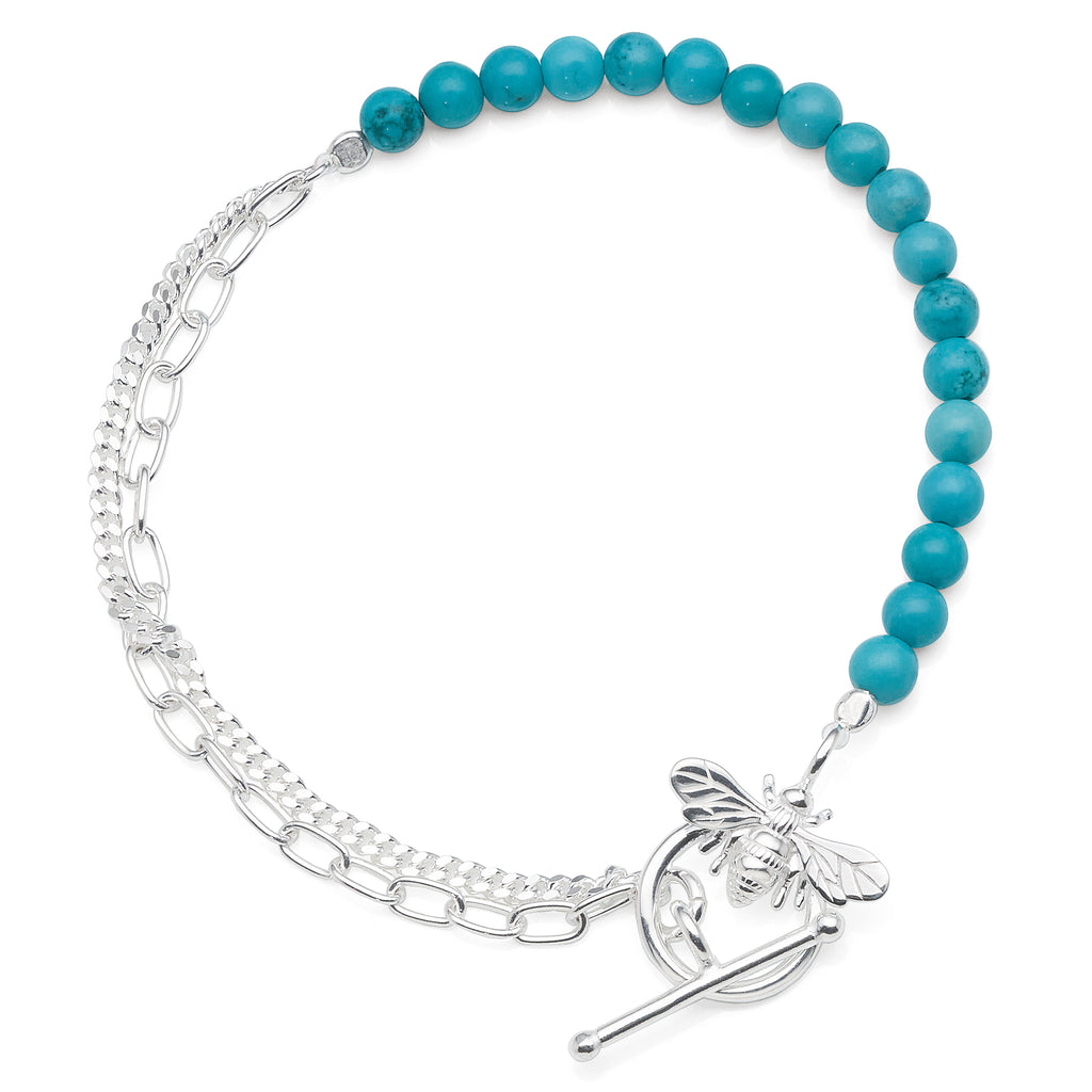 Sterling Silver & Turquoise Colour Bead Bee Fob Bracelet