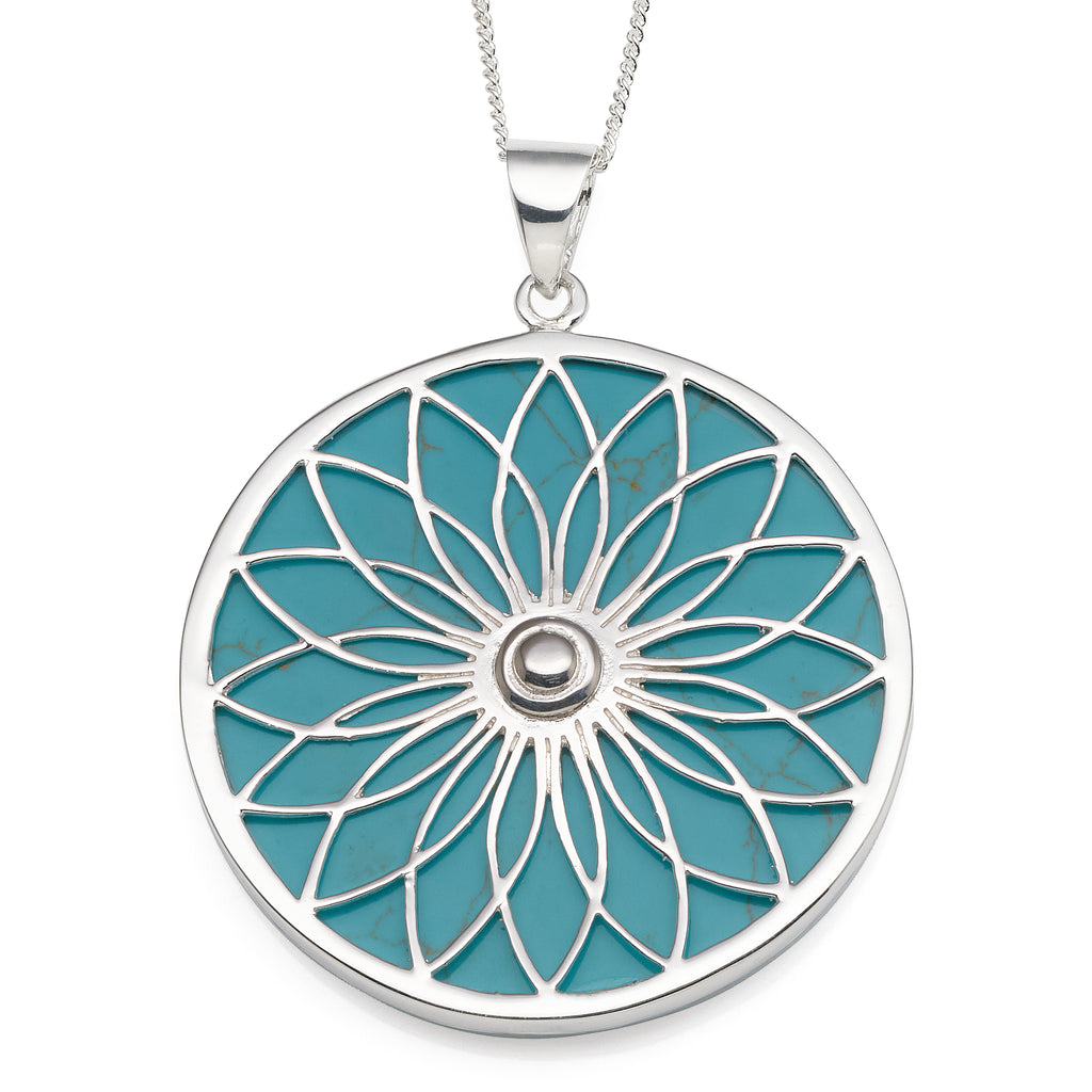 Sterling Silver 44mm Created Turquoise Flower Pendant