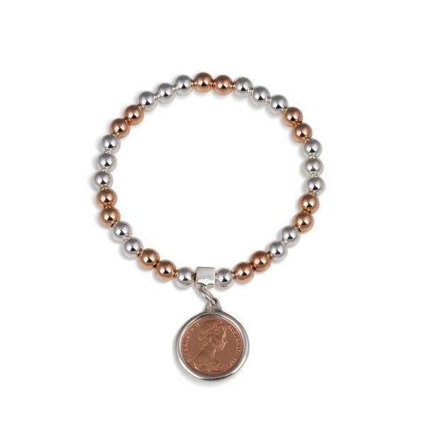 Von Treskow 2-Tone One Cent Coin Charm Stretch Ball Bracelet