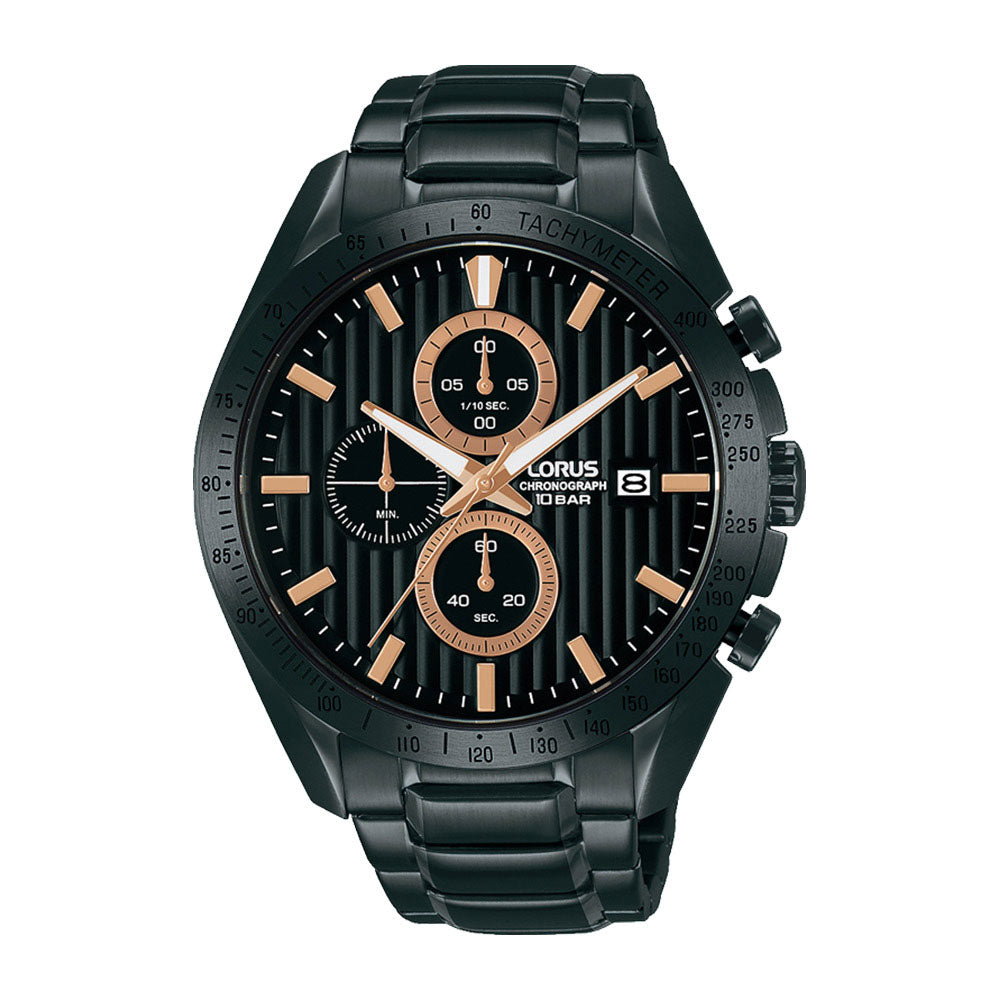 Lorus Chronograph Black Stainless Steel Rose-Tone Watch RM30