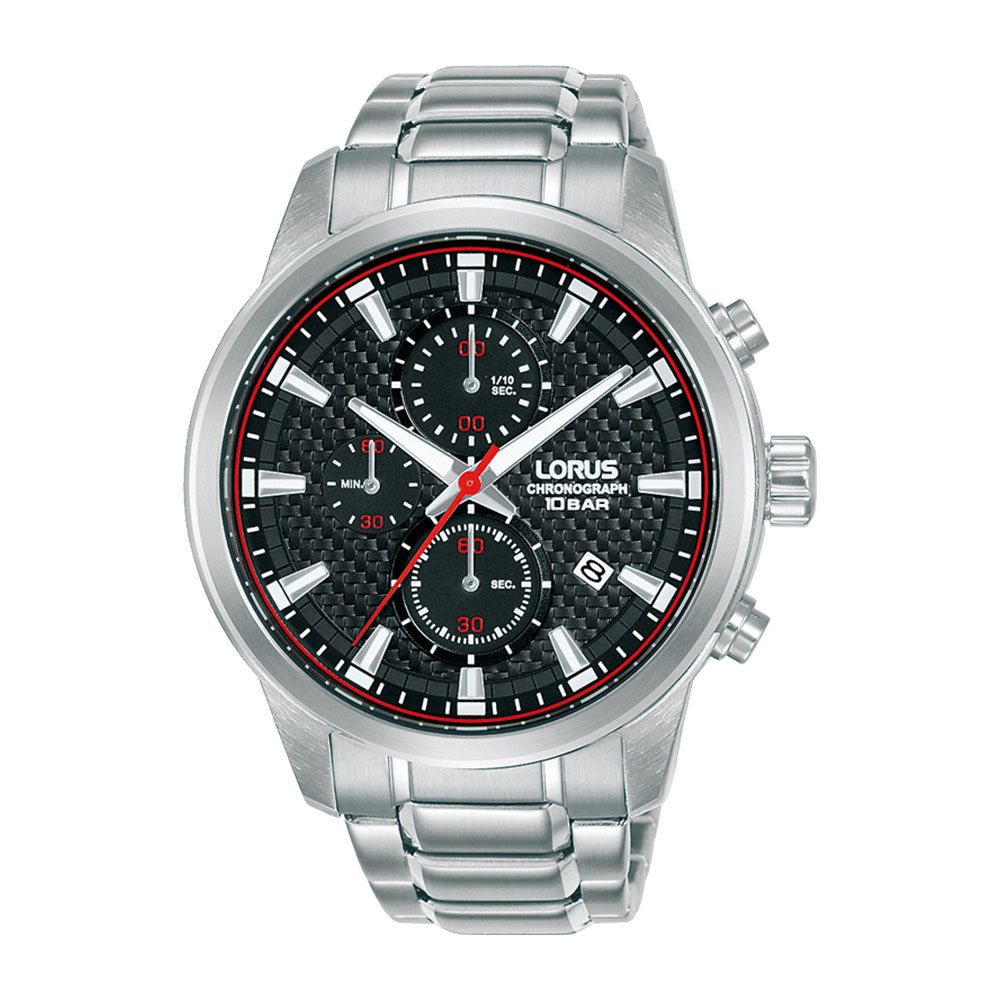 Lorus Black Textured Dial Red Accent Chronograph Watch RM327