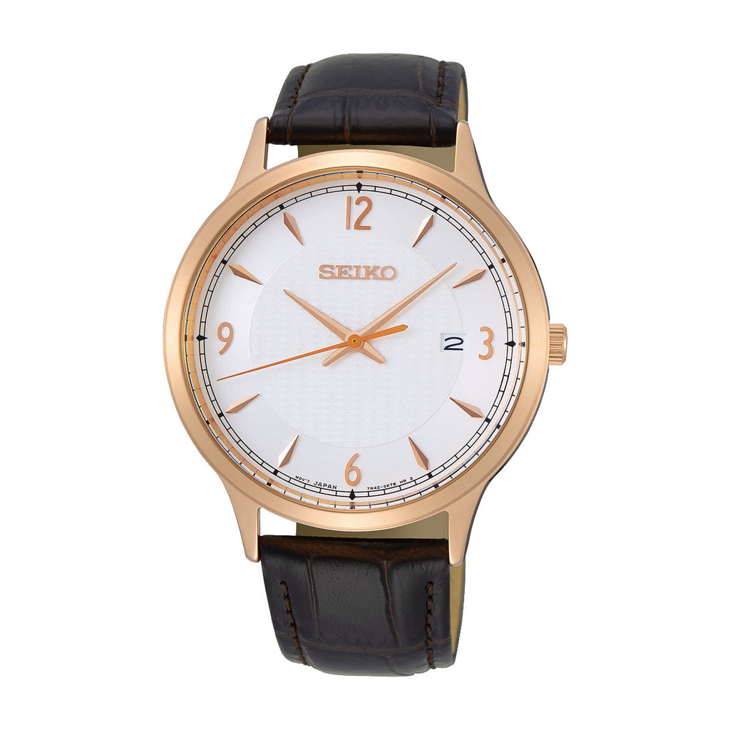 Seiko Rose Tone Stainless Steel & Brown Leather Watch SGEH88