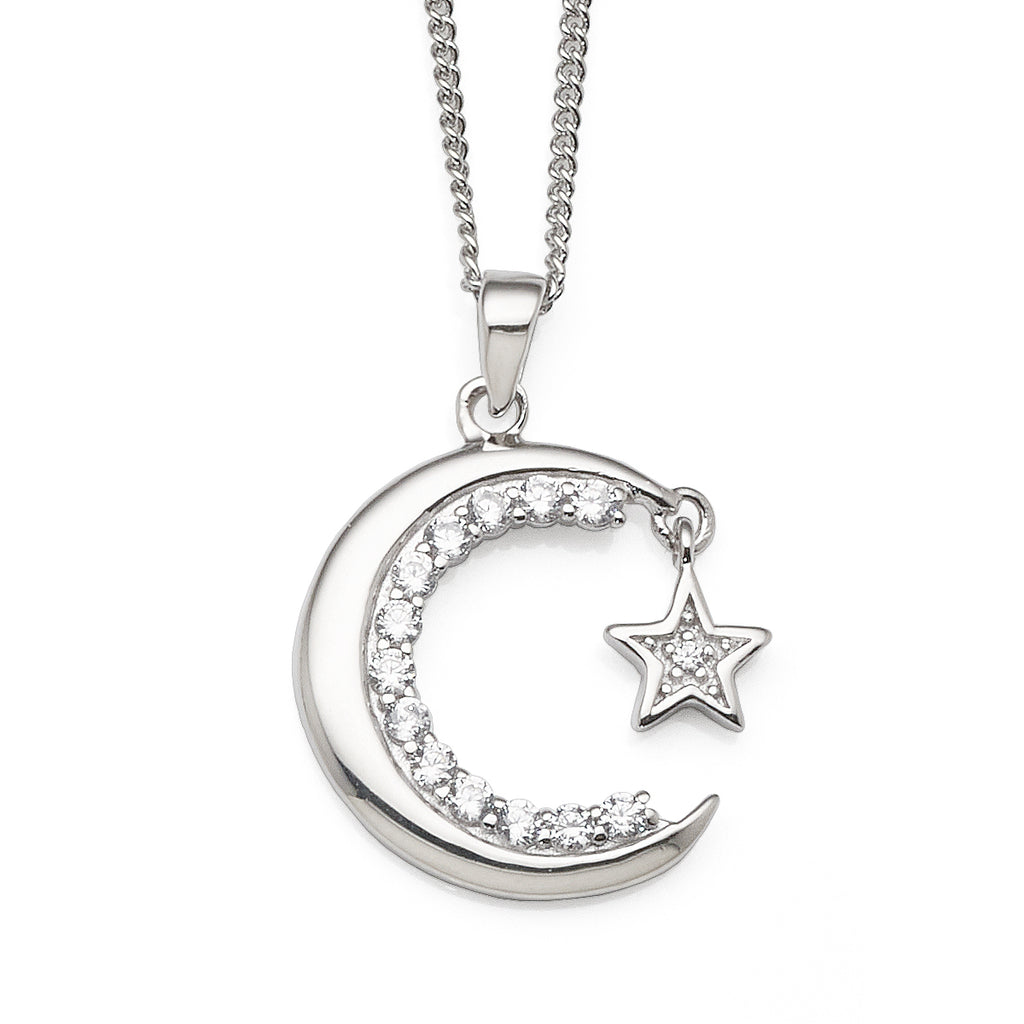 Sterling Silver Crescent Moon & Hanging Star Pendant