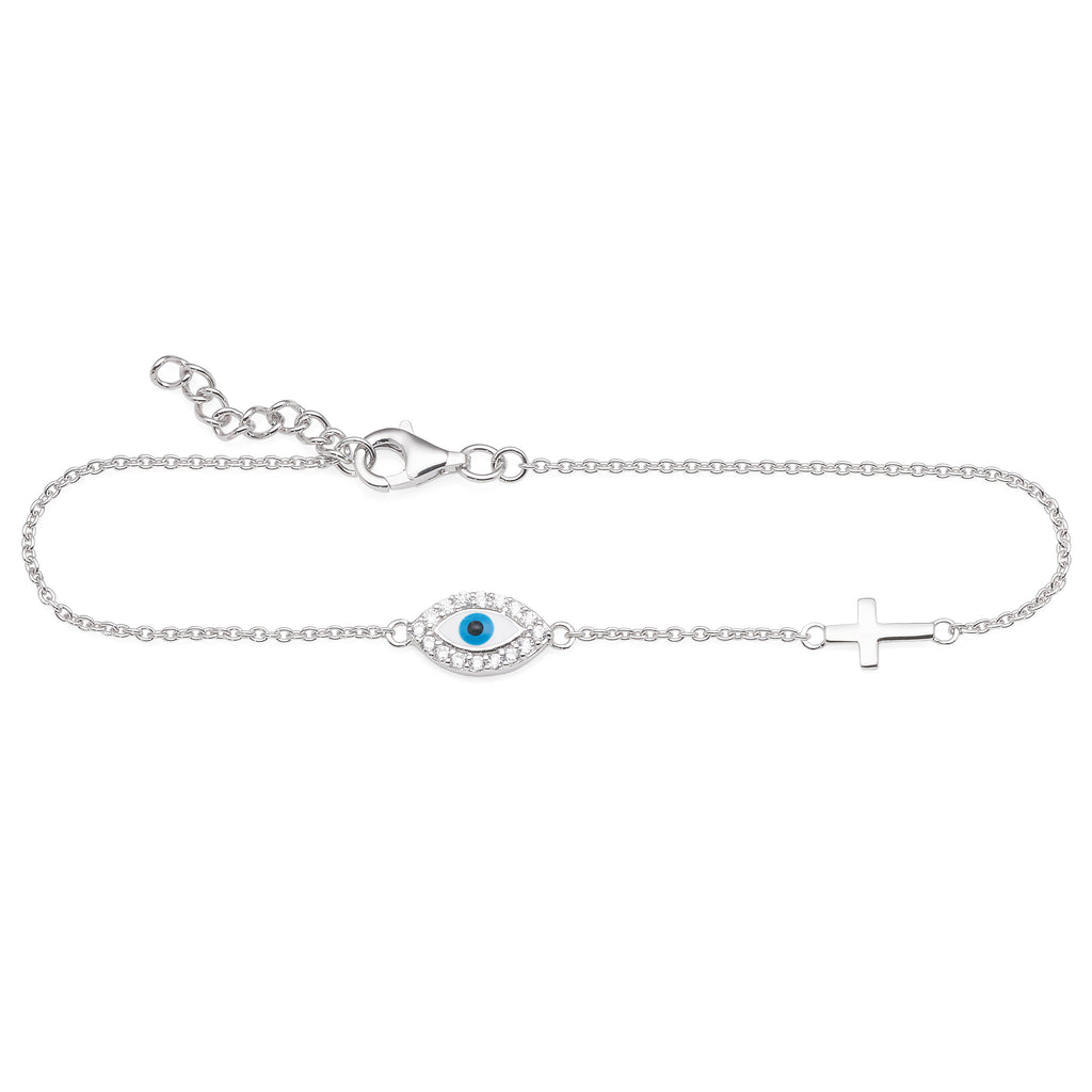 Sterling Silver Cubic Zirconia Evil Eye & Cross Bracelet