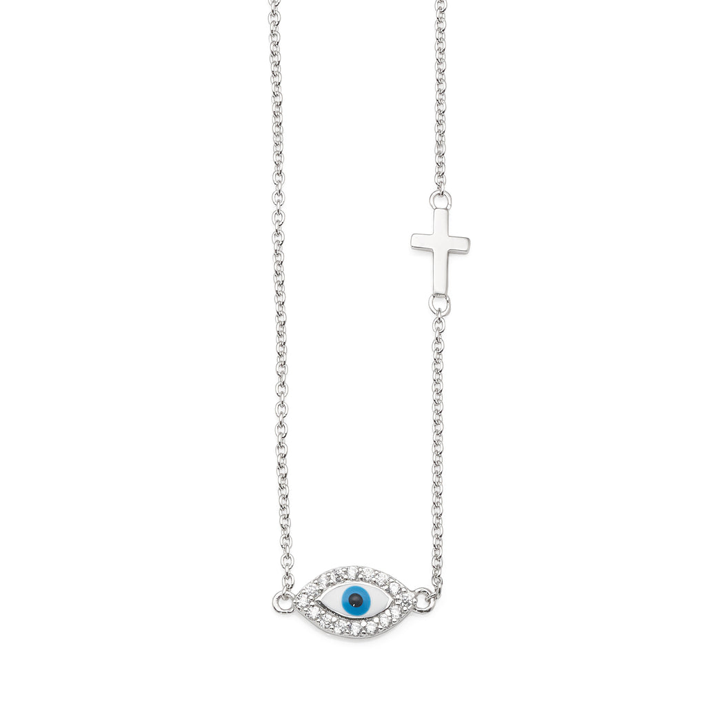 Sterling Silver Cubic Zirconia Evil Eye & Cross 42cm Necklet