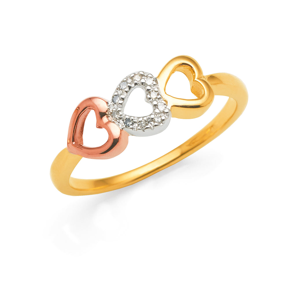 9ct Yellow & Rose Gold Diamond Triple Open Heart Ring