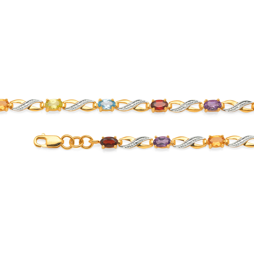 9ct Yellow Gold Diamond Infinity & Multi-Coloured Stone 19cm