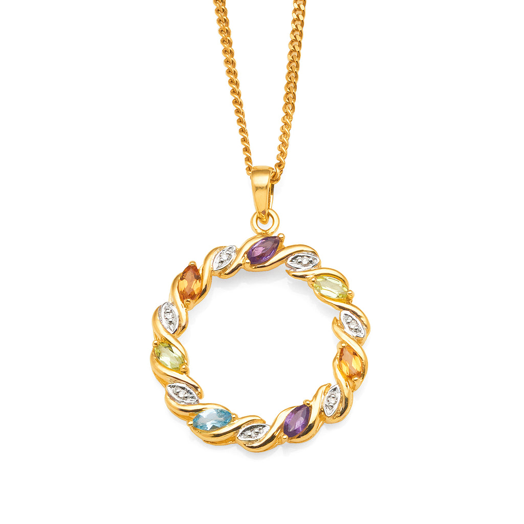 9ct Yellow Gold Multi-Stone & Diamond Open Circle Pendant