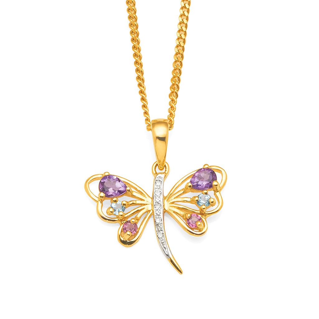 9ct Yellow Gold Multi-Stone & Diamond Butterfly Pendant