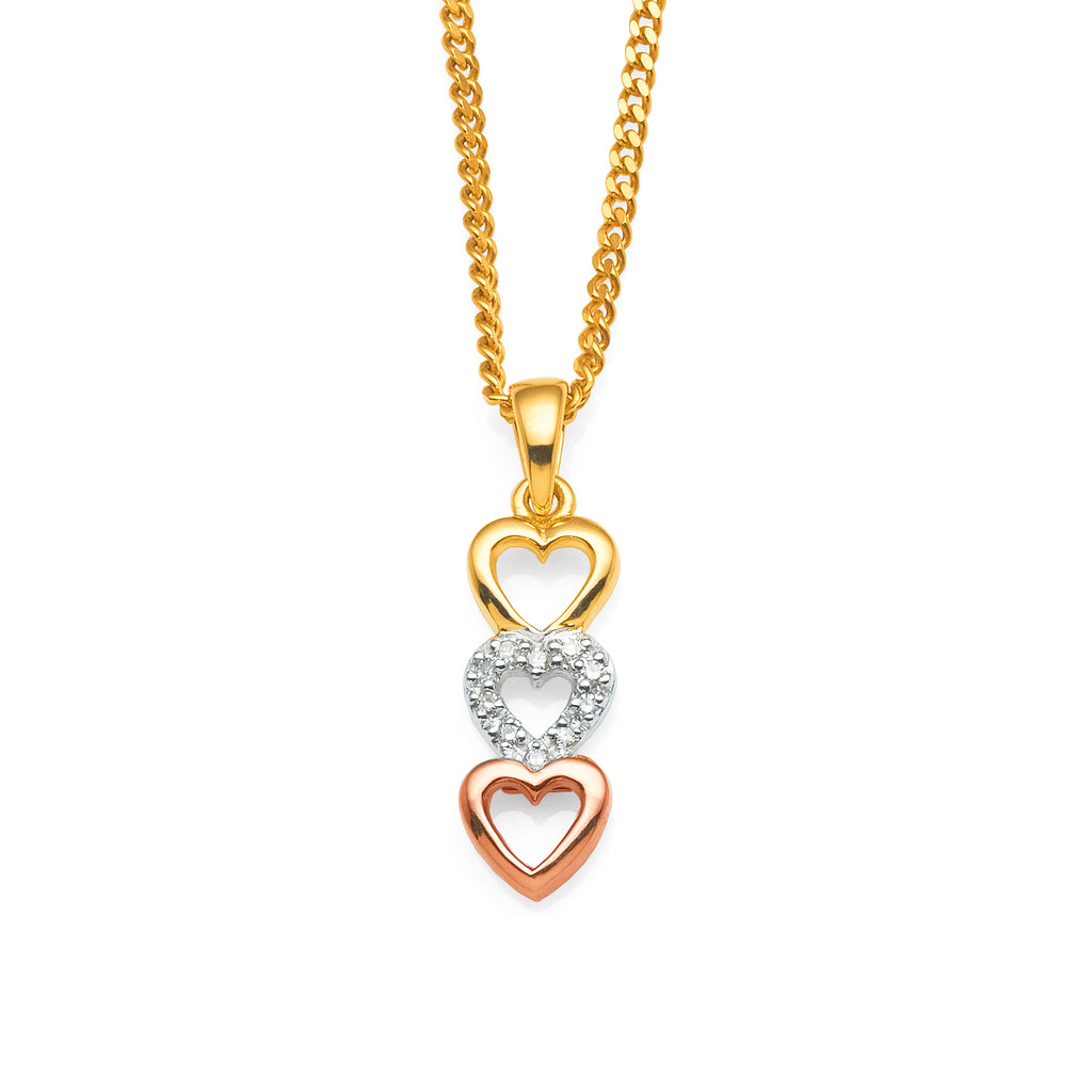 9ct Gold 3-Tone Triple Open Heart Vertical Pendant