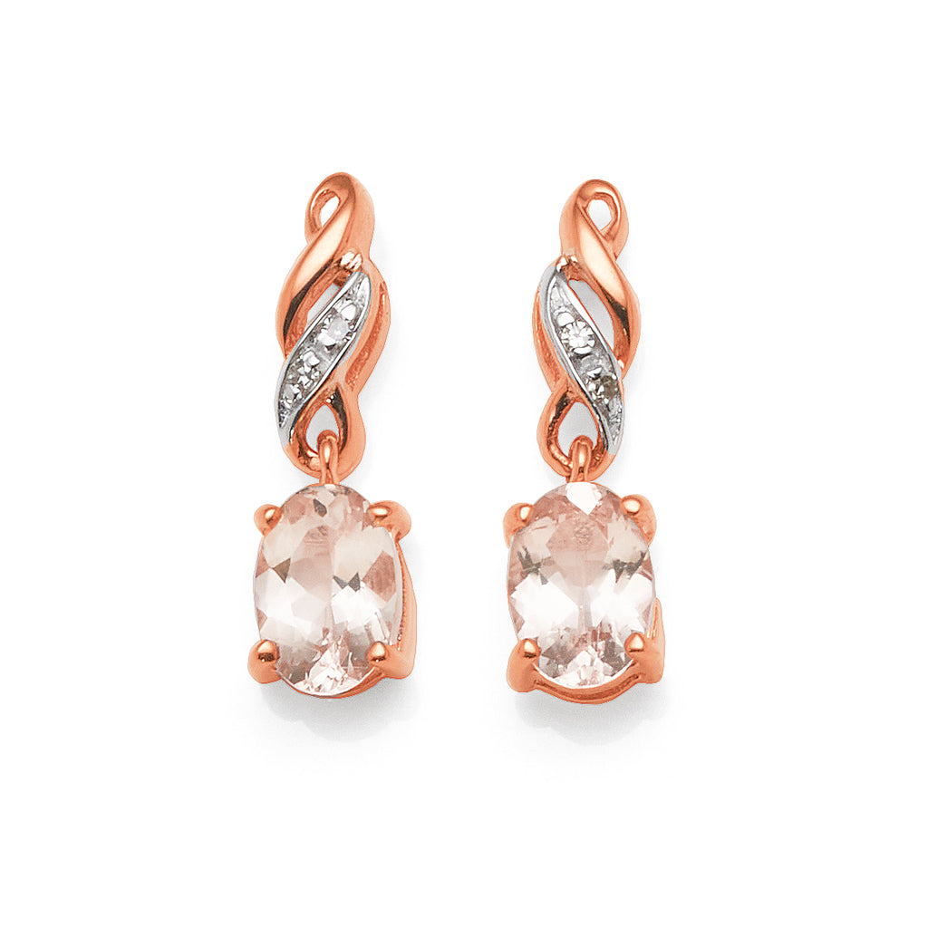 9ct Rose Gold Oval Morganite & Diamond Drop Stud Earrings