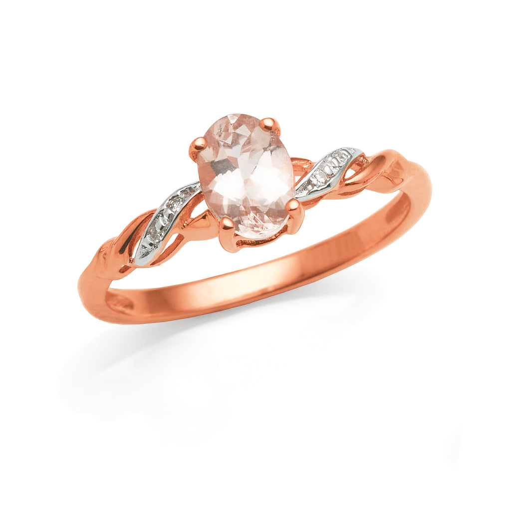 9ct Rose Gold Oval Morganite & Diamond Swirled Shoulder Ring