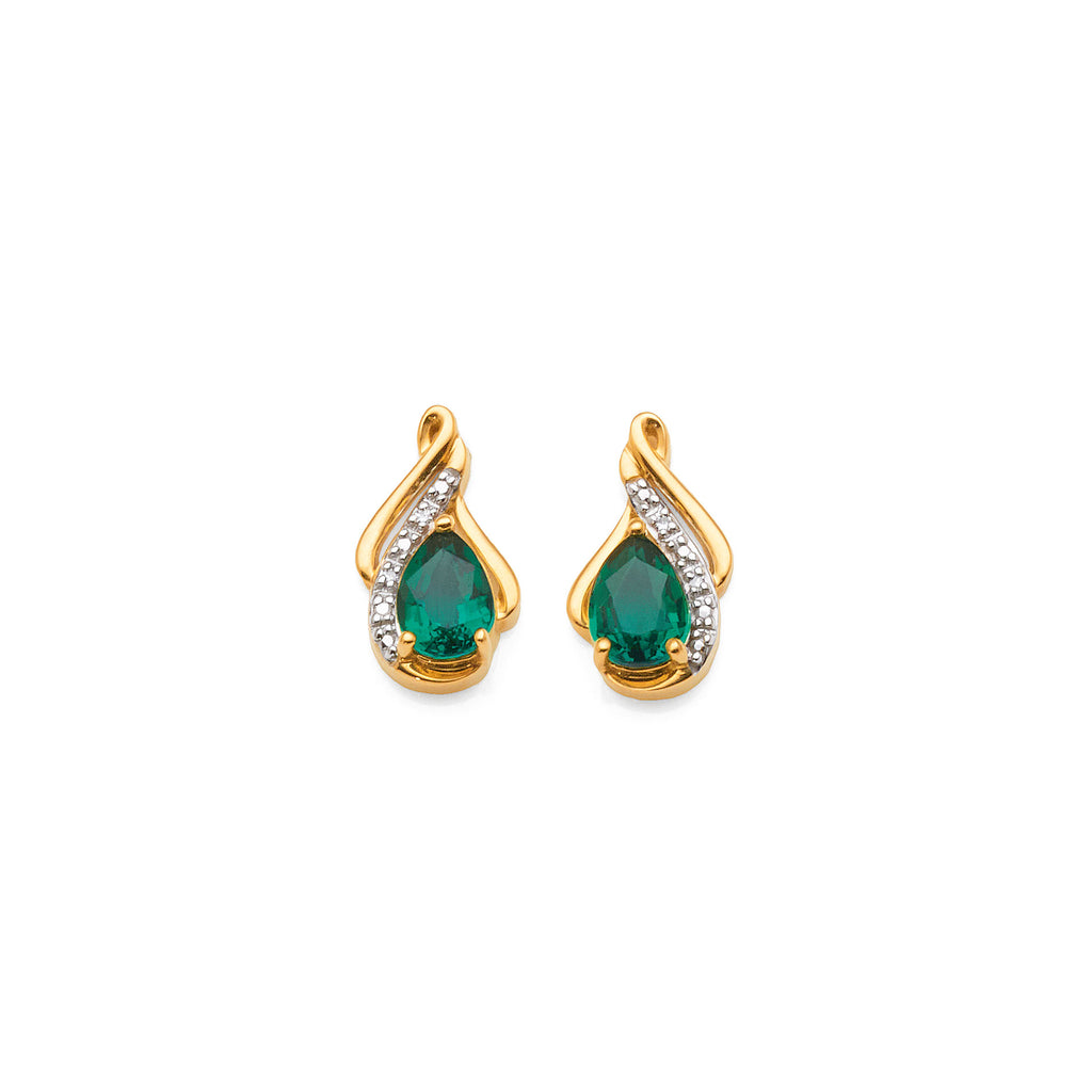 9ct Yellow Gold Pear Shaped Created Emerald & Diamond Stud E