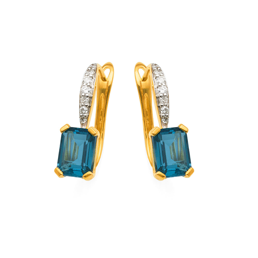 9ct Yellow Gold Emerald Cut London Blue Topaz & Diamond Earr