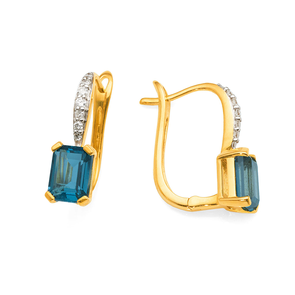 9ct Yellow Gold Emerald Cut London Blue Topaz & Diamond Earr