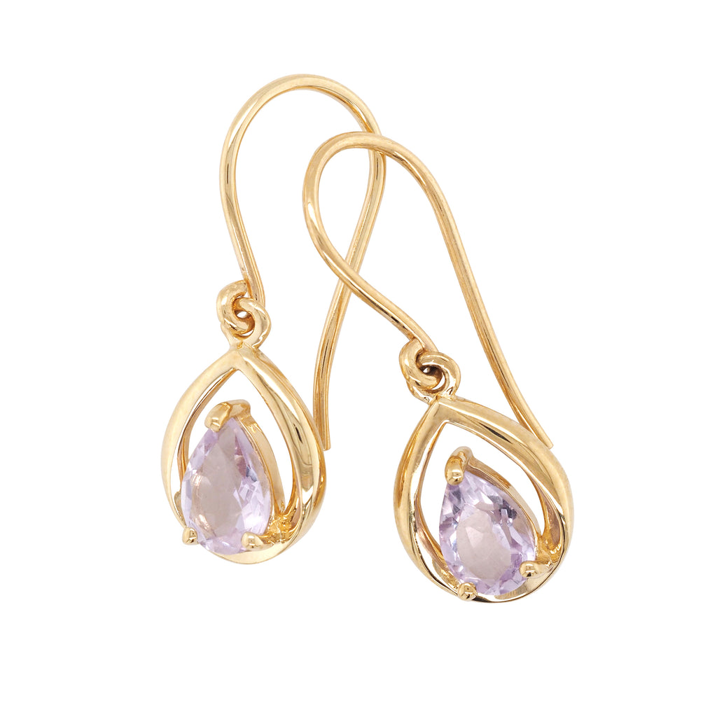 9ct Yellow Gold Pear Shaped Pink Amethyst Hook Earrings