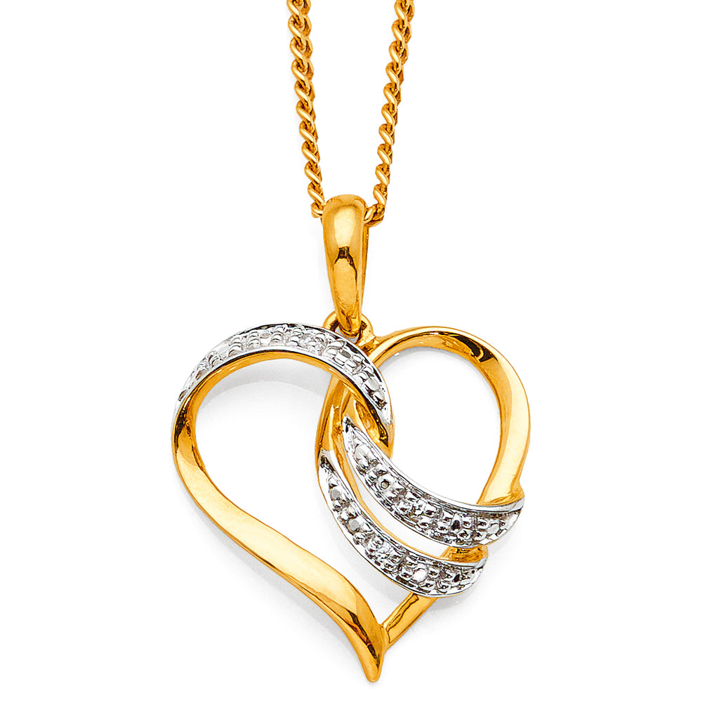 9ct Yellow Gold Diamond Curved Open Heart Pendant