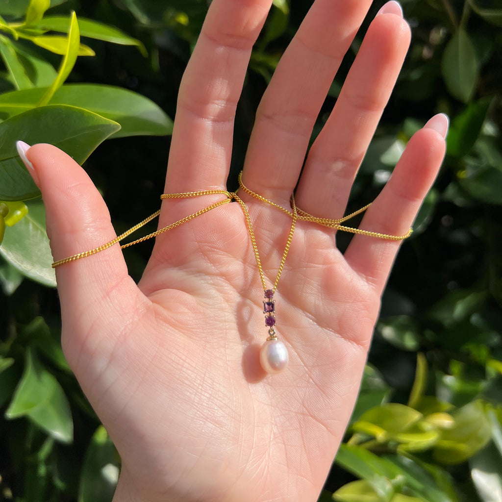 9ct Yellow Gold Tourmaline, Amethyst, Rhodolite & Pearl Drop