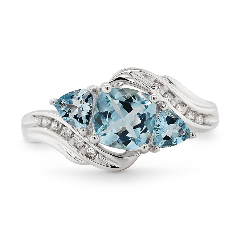 9ct White Gold Cushion Cut Aquamarine & Diamond Ring