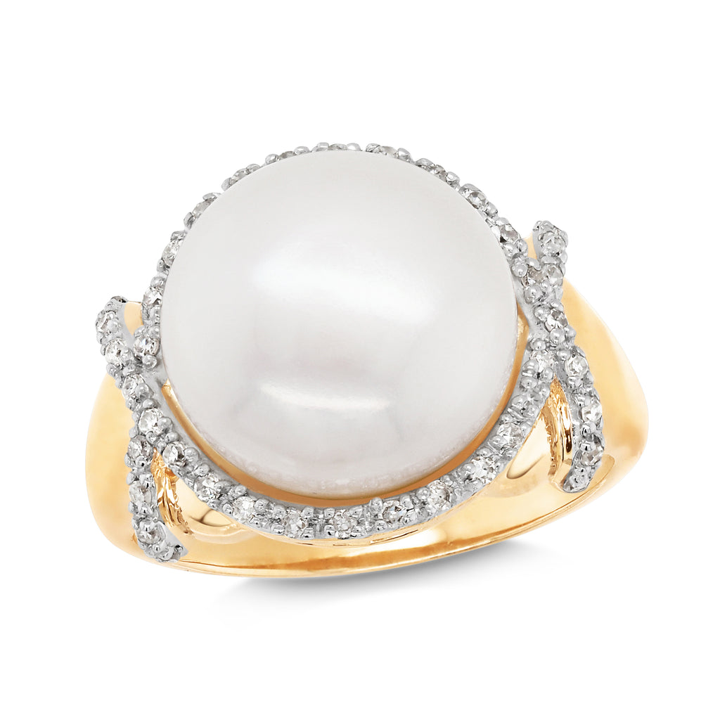 9ct Yellow Gold Pearl & Diamond Halo Crossover Ring TDW 0.20