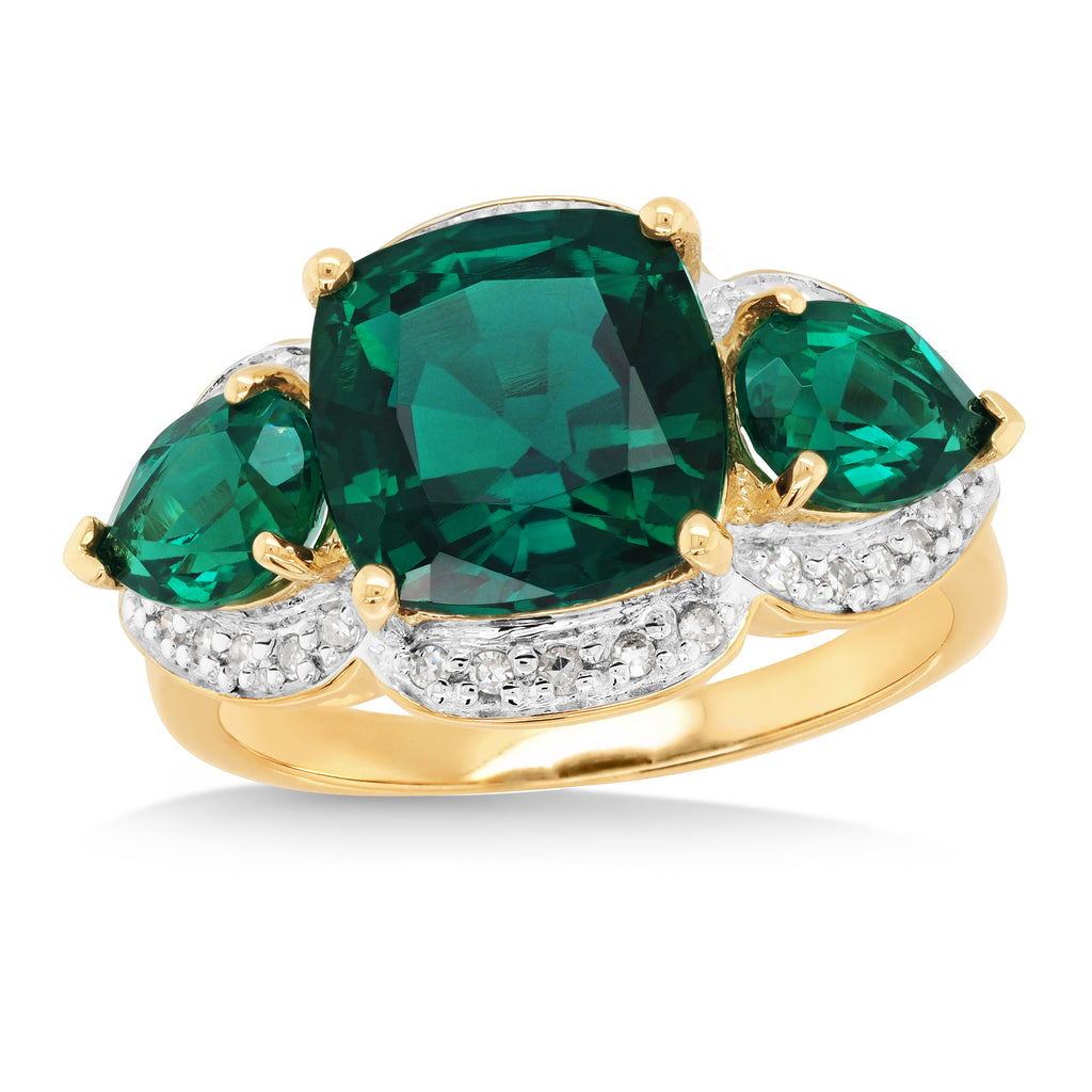 9ct Yellow Gold Cushion & Pear Cut Created Emerald & Diamond