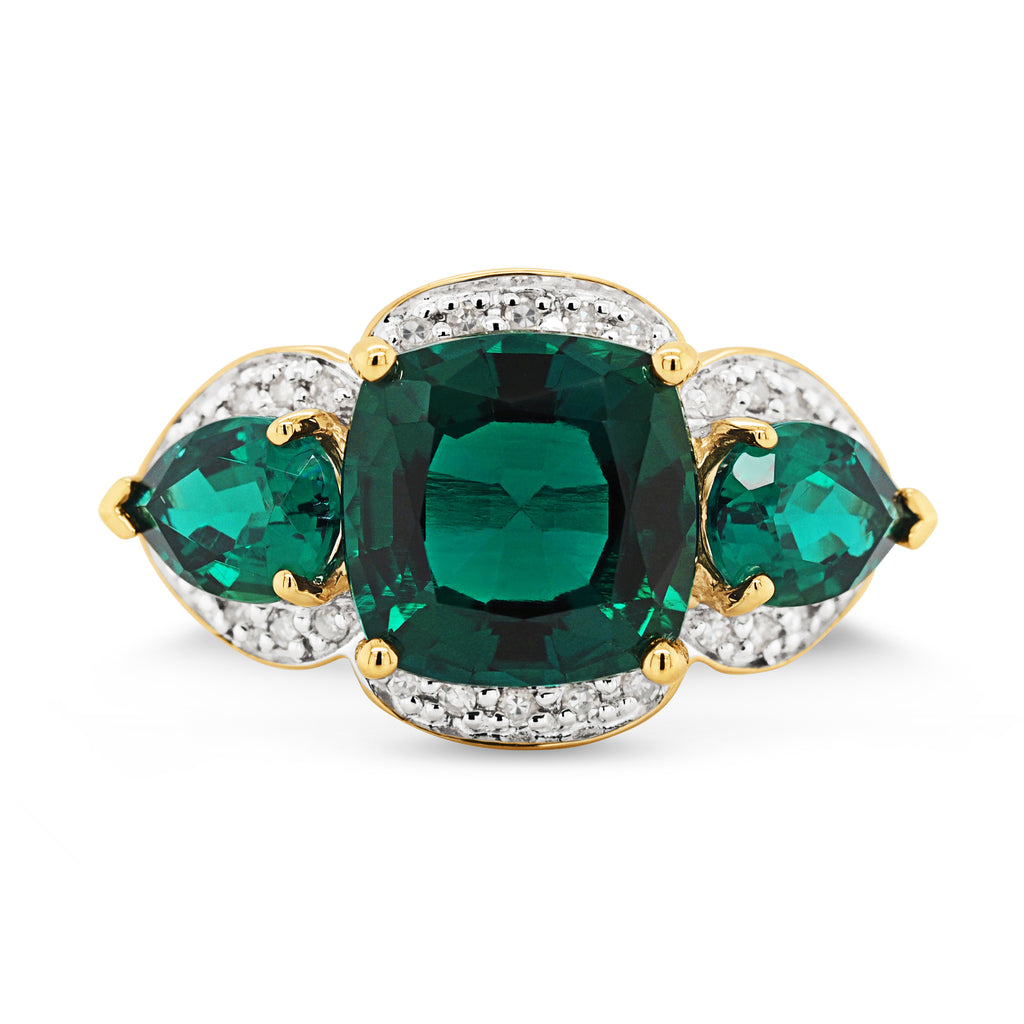 9ct Yellow Gold Cushion & Pear Cut Created Emerald & Diamond