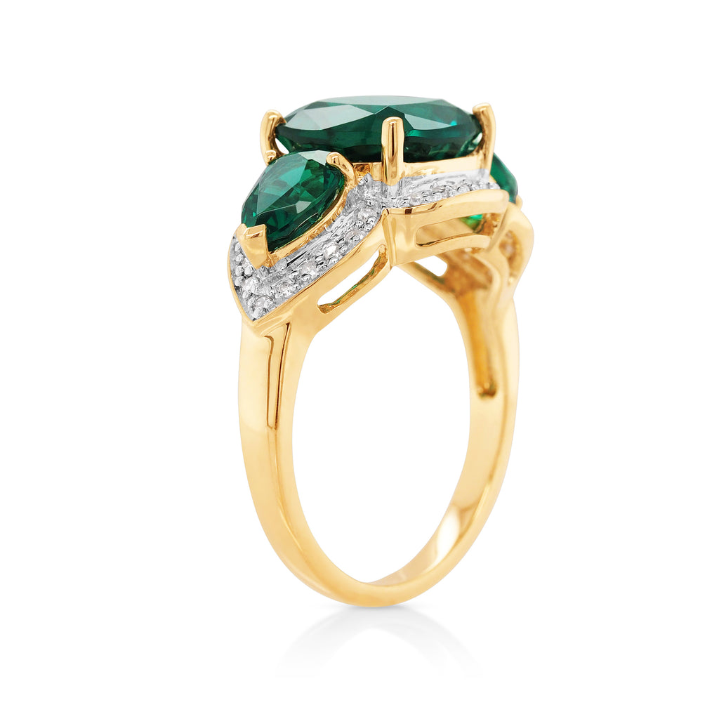 9ct Yellow Gold Cushion & Pear Cut Created Emerald & Diamond